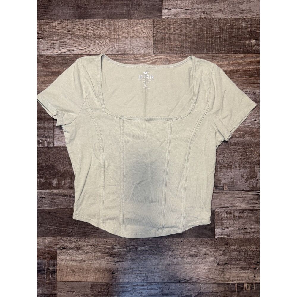 Hollister Sage Green Corset Style Crop Top Baby Tee Medium